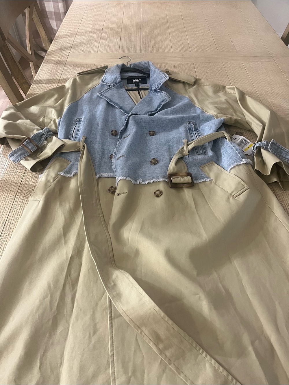 Dee Ocleppo Beige Trench Coat with Light Blue Denim Overlay - Women's Trench